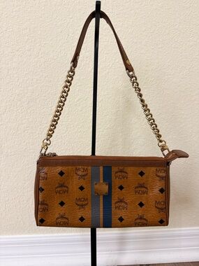 MCM Cognac Visetos Bag with Blue and Gray Stripes